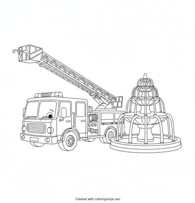 A coloring page of A friendly red fire truck with a long ladder parked near a sparkling fountain.