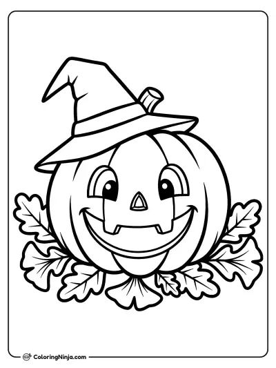 The Happy Jack O Lantern Wearing a Witch Hat Coloring Page