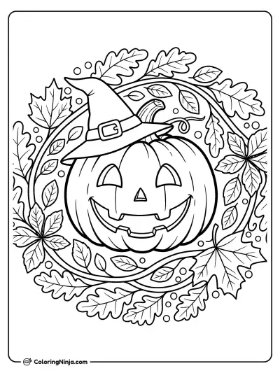 The Happy Jack O Lantern in Leaf Wreath Coloring Page