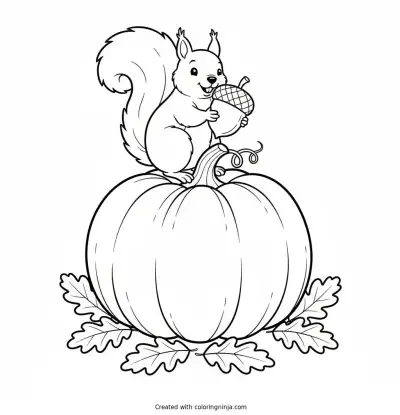 Happy Squirrel and Big Pumpkin Coloring Page