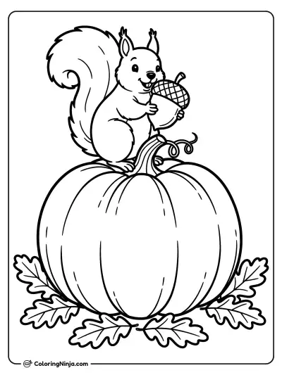 Happy Squirrel and Big Pumpkin Coloring Page