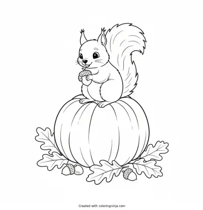 Autumn Squirrel on a Pumpkin Coloring Page