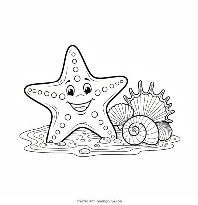 A coloring page of A friendly starfish smiling on a sandy ocean floor next to colorful shells.