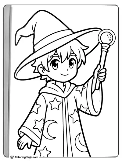 Little Anime Wizard Casting Magic Coloring Page