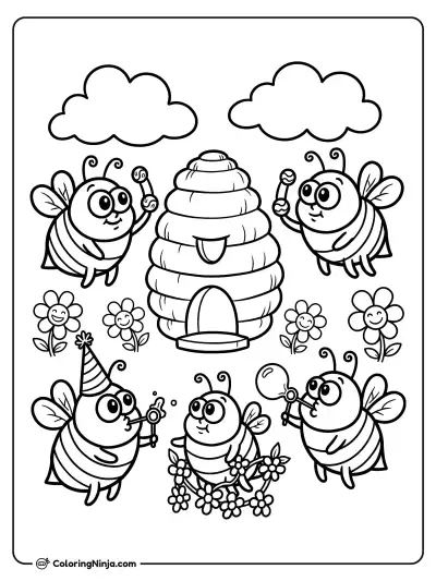 Abejas divertidas alrededor de su colmena