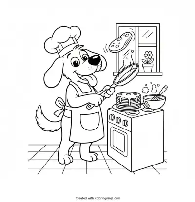 Funny Dog Making Pancakes Coloring Page