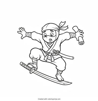 A coloring page of Funny clumsy ninja tripping over his own sword