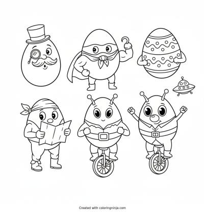 A coloring page of funny easter eggs