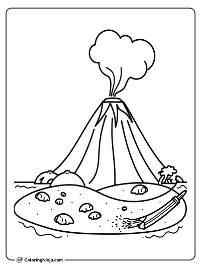 Erupting Volcano on an Island Coloring Page