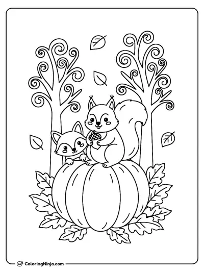 Cozy Autumn Animals and Pumpkins Coloring Page