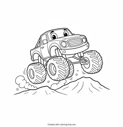A coloring page of A giant monster truck with big cartoon eyes bouncing over a pile of dirt mounds.