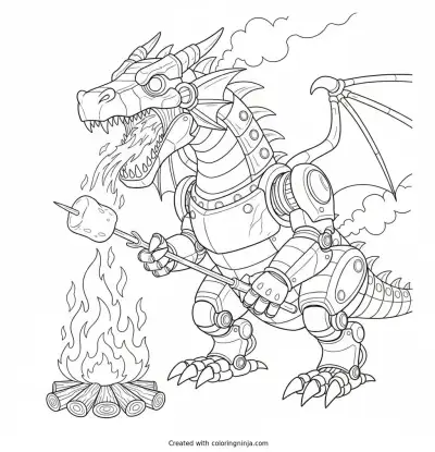 Robot Dragon At The Campsite Coloring Page