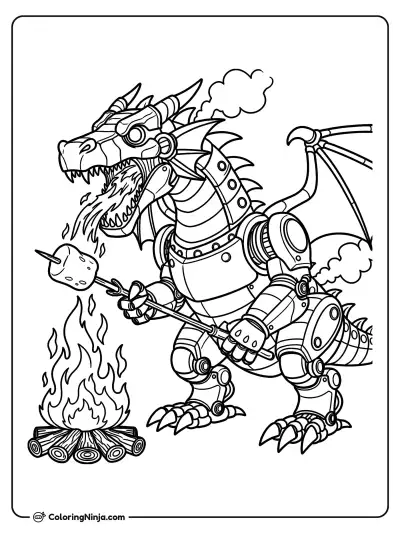 Robot Dragon At The Campsite Coloring Page