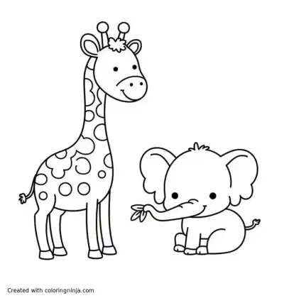 A coloring page of giraffe + elephant