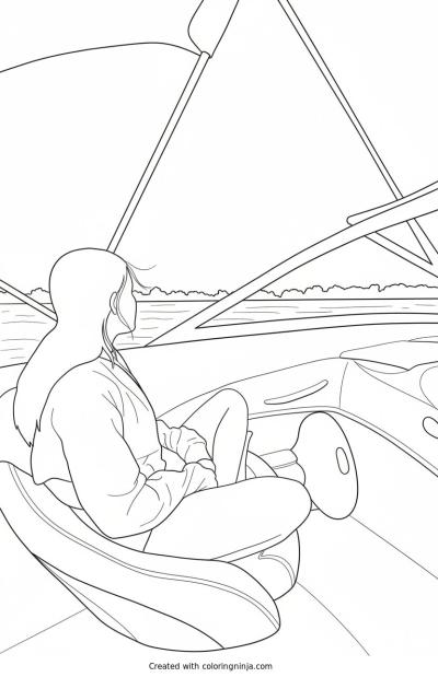 A coloring page of Girl on a Boat at Sunset