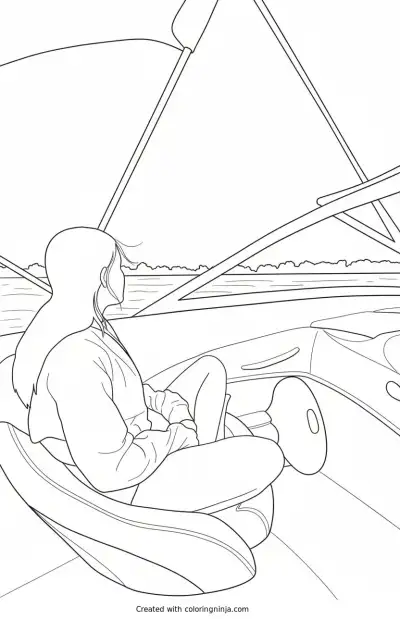 A coloring page of Girl on a Boat at Sunset