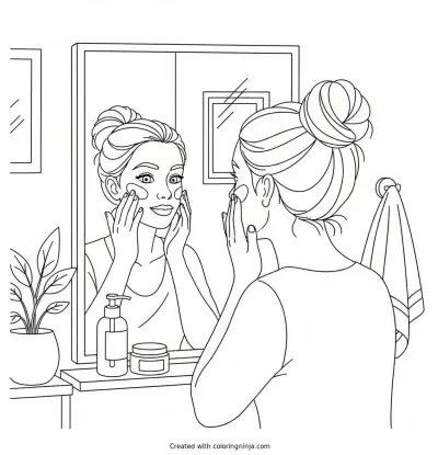 Girl doing a nighttime skincare routine in front of a mirror coloring page