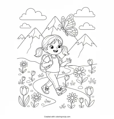 A Young Girl Hiking Outside Coloring Page