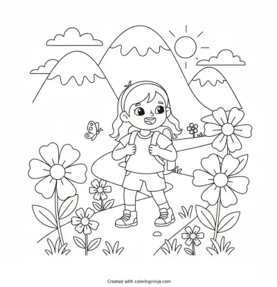 A Girl Hiking in Mountains Coloring Page