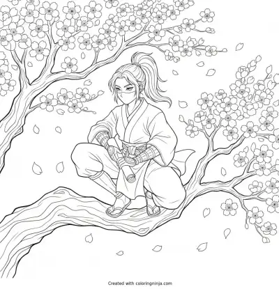 Girl Ninja in Cherry Tree Coloring Page