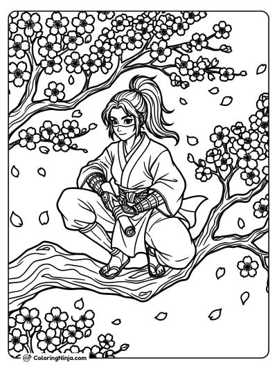 Girl Ninja in Cherry Tree Coloring Page