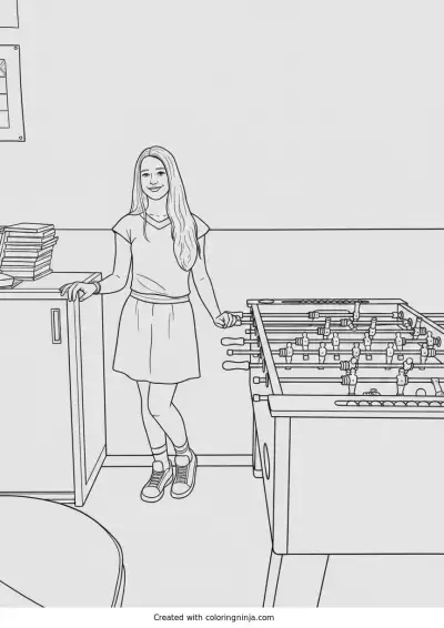 A coloring page of Girl Playing Foosball Table Game