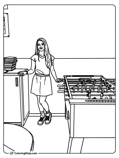 Girl Playing Foosball Table Game Coloring Page