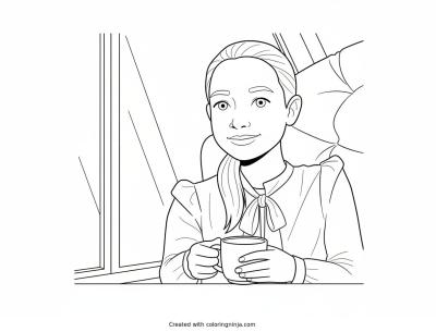 A coloring page of Girl by the Window with Ponytail