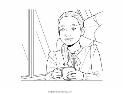 A coloring page of Girl by the Window with Ponytail