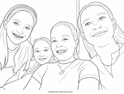A coloring page of Girls Smiling in a Circle