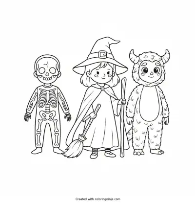 A Group of 3 Kids Dressed in Halloween Costumes Coloring Page