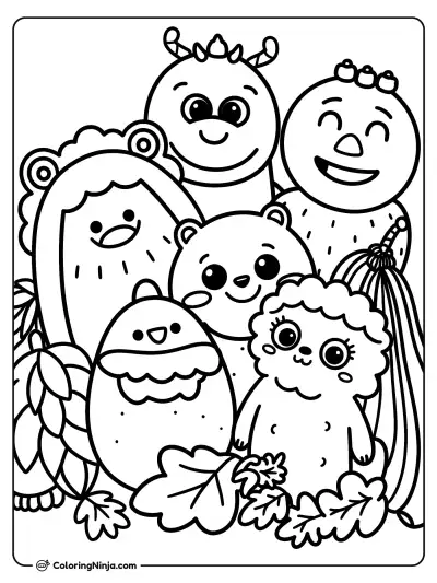A Group of Cute Monsters Posing for a Group Photo Coloring Page