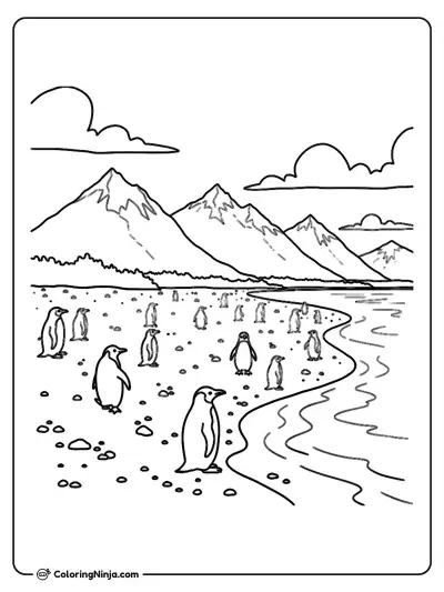 Group Of Penguins On A Rocky Beach Coloring Page