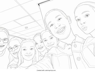 A coloring page of Group Selfie of Smiling Girls