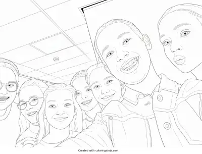 A coloring page of Group Selfie of Smiling Girls