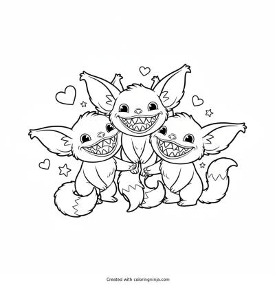 A coloring page of Group of three Labubus together, all with fluffy elf ears and wide toothy grins