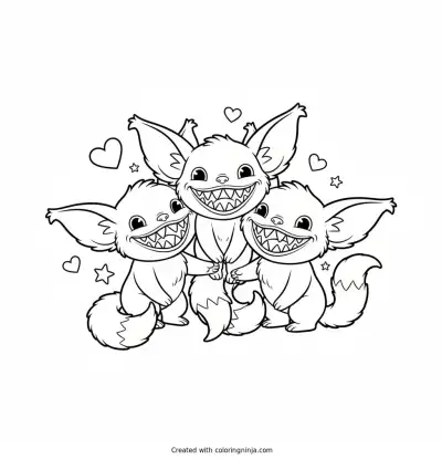 A coloring page of Group of three Labubus together, all with fluffy elf ears and wide toothy grins