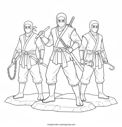 Group of Three Ninjas Standing Together Coloring Page