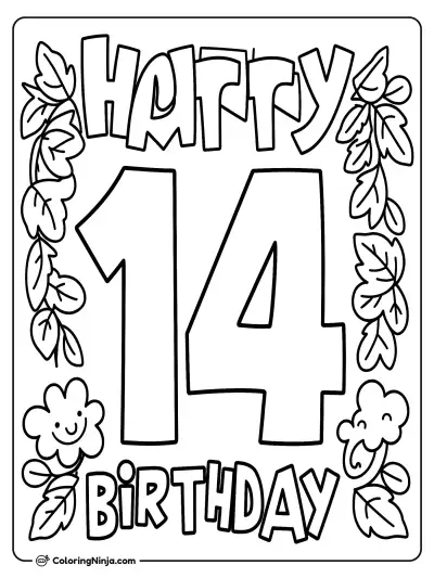 Happy 14th Birthday with Leafy Border Frame Coloring Page