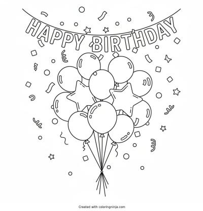 A coloring page of Happy Birthday banner with balloons and confetti to color in