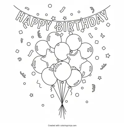Balloons and Birthday Banner Coloring Page