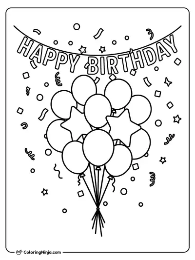 Balloons and Birthday Banner Coloring Page