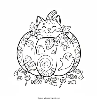 Black Cat in a Pumpkin Coloring Page