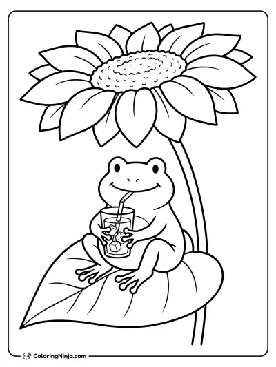 Cool Frog Under a Sunflower Coloring Page