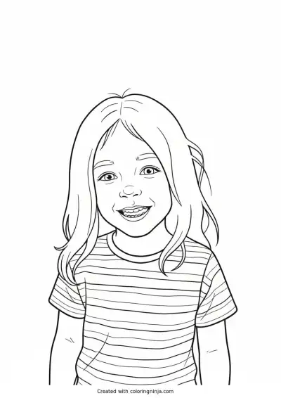 Happy Little Girl in a Striped Shirt Smiling Coloring Page