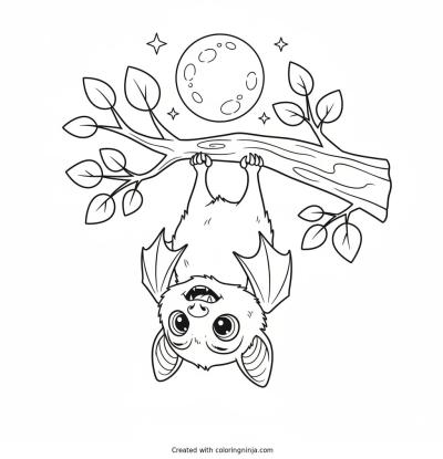 A coloring page of A happy little vampire bat hangs upside down from a tree branch under moonlight.