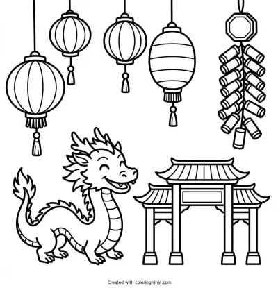A coloring page of Happy Lunar New Year!