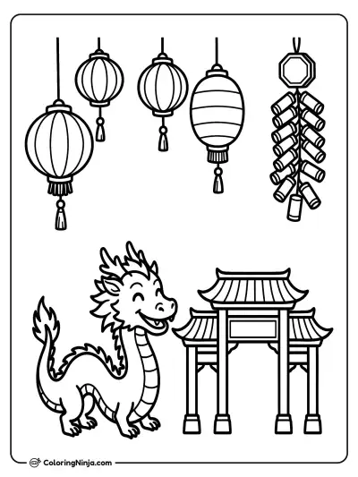 Dragón sonriente y faroles del Año Nuevo Chino