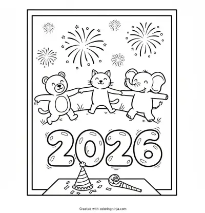 A coloring page of Happy New Year 2026