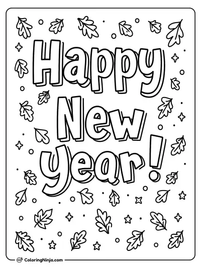 Happy New Year! with Falling Leaves Border Coloring Page